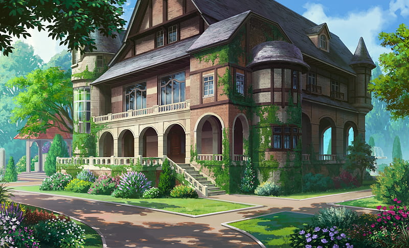 anime building, scenic, forest, foliage, moss, daylight, Anime, HD wallpaper