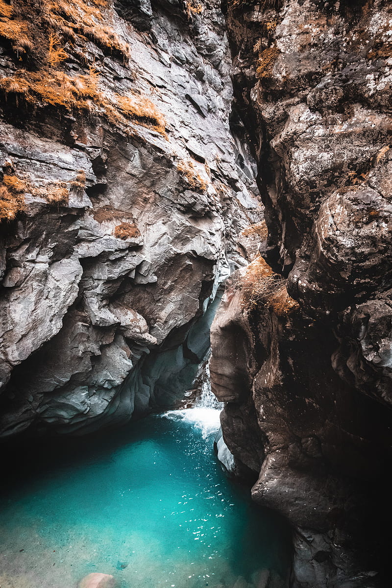 rocks, cave, gorge, body of water, water, nature, HD phone wallpaper