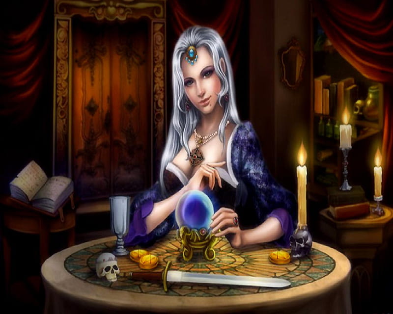Fortune Teller, candle, crystal ball, chalice, coins, skull, dagger, HD wallpaper