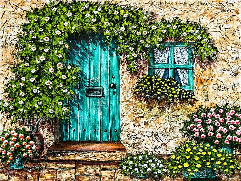 Entry, painting, blossoms, flowers, house, window, HD wallpaper