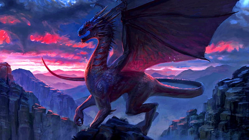Red Skies at Night, fantasy, magic, dragon, mountains, HD wallpaper