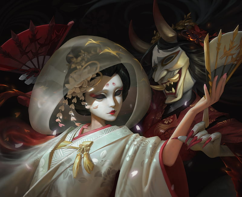 Demon mask, art, demon, fantasy, girl, luminos, hua yecai, mask, hand fan, asian, HD wallpaper Demon mask, art, demon, fantasy, girl, luminos, hua yecai, mask, hand fan, asian, HD wallpaper