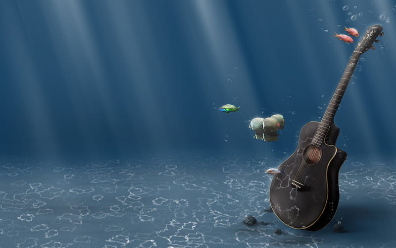 guitar, sea bottom, underwater, fish, HD wallpaper
