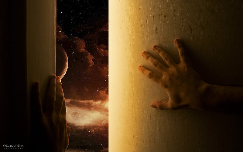 Universe door, hands, stars, planet, universe, orange, sky, light, door, HD wallpaper