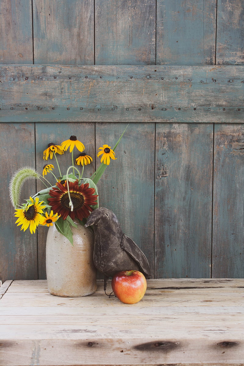 bouquet, flowers, bird, apple, decor, still life, HD phone wallpaper