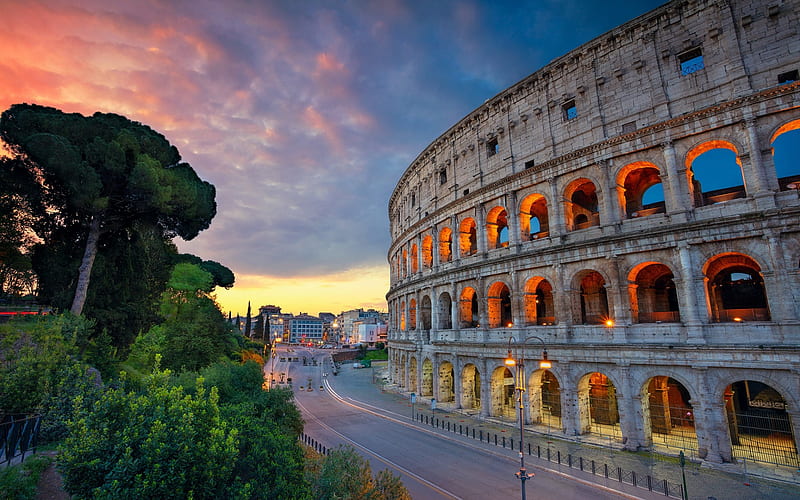 Rome, Colosseum, evening, amphitheater, sunset, beautiful ancient city, streets, sights, Rome landmarks, Italy, HD wallpaper