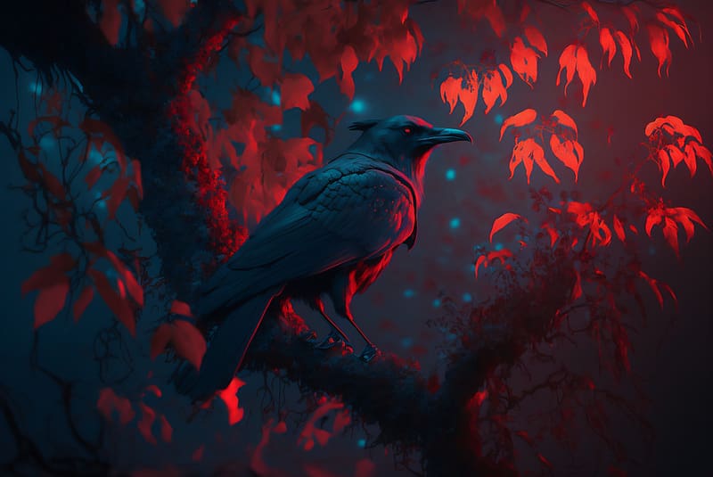 Raven, tree, black, bird, art, halloween, fantasy, crow, red, autumn, leaf, luminos, toamna, pasari, corb, HD wallpaper