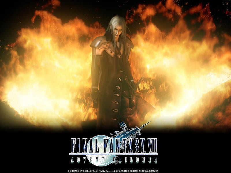 Sephiroth in Advent Children, flames, white hair, HD wallpaper
