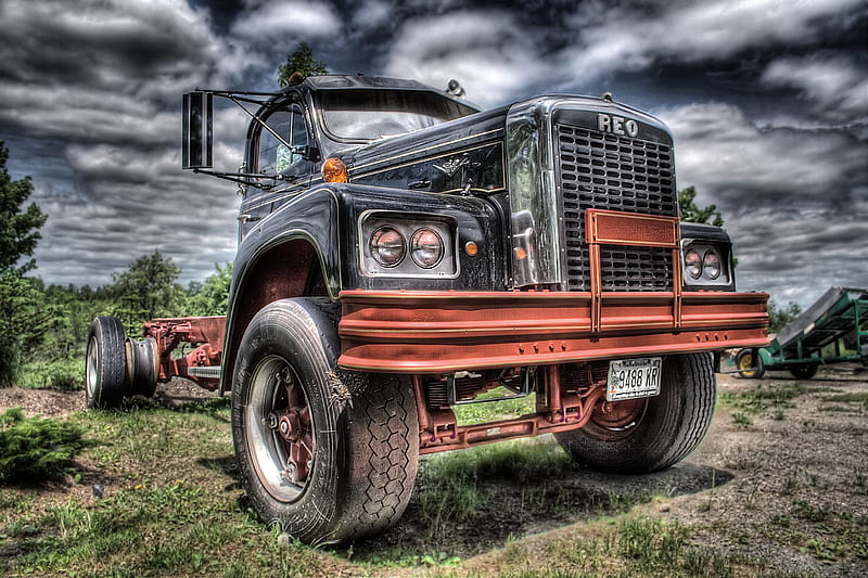 Old Black Truck, dark skies, truck, grass, reo, HD wallpaper