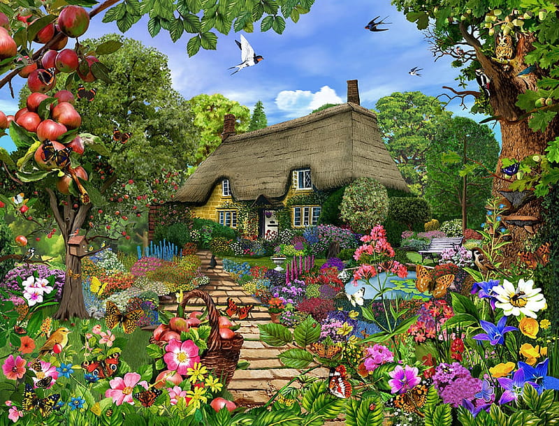 English Cottage Garden, house, apples, painting, flowers, butterflies, trees, artwork, insects, HD wallpaper