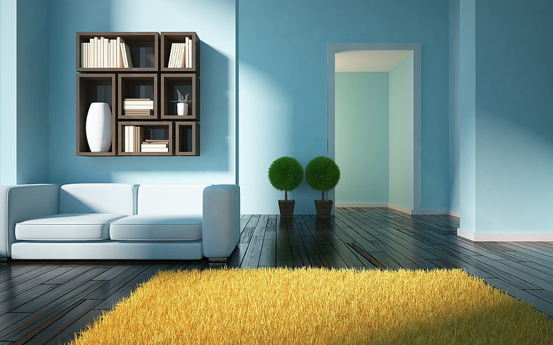 stylish living room interior, blue walls, modern style, modern interior design, living room, project, HD wallpaper
