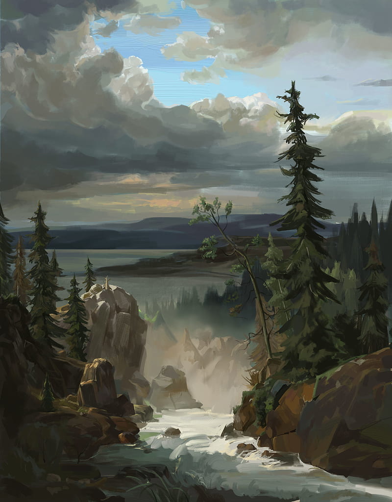 river, rocks, mountains, landscape, art, HD phone wallpaper