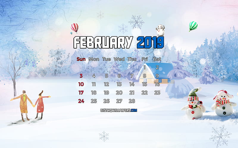 Calendar February 2019, snowflakes, snowman, 2019 calendar, February 2019, calendar with snowman, February 2019 calendar, winter landscape, 2019 calendars, HD wallpaper