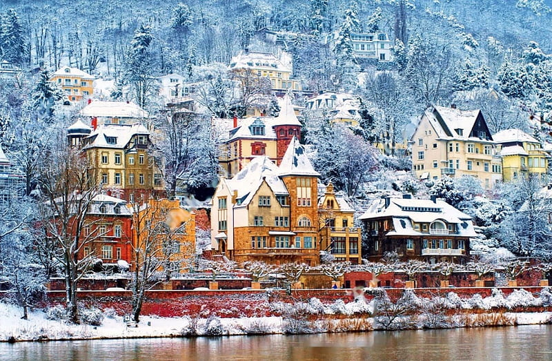 Heidelberg, Germany, river, house, trees, snow, HD wallpaper