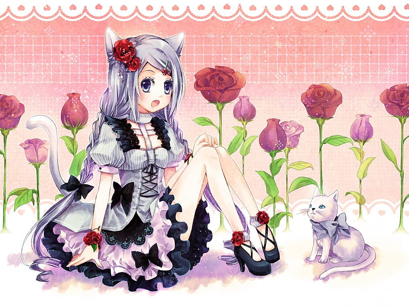 Hi Little Kitty!!, catgirl, colorful, dress, lovely, animal ears, gray hair, cat, bows, braids, anime, flowers, blue eyes, long hair, HD wallpaper