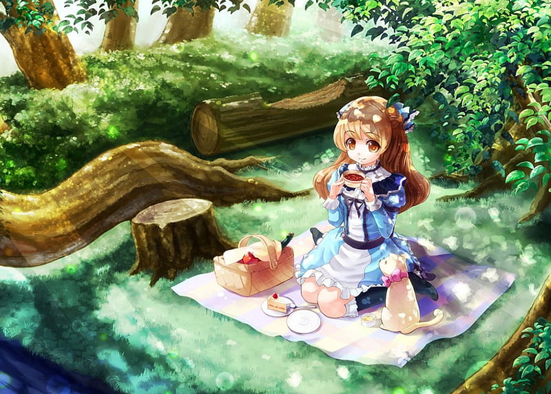 Picnic, pretty, plant, sweet, nice, anime, anime girl, forest, female, lovely, food, cute, tree, kawaii, girl, sitting, nature, HD wallpaper