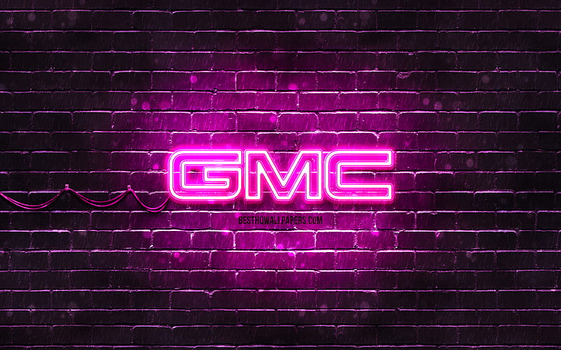 GMC purple logo purple brickwall, GMC logo, cars brands, GMC neon logo ...