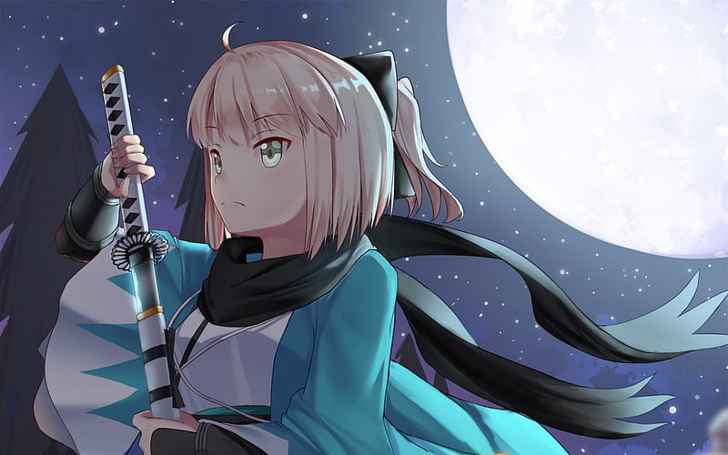 Okita Soji, night, Fate Grand Order, moon, manga, TYPE-MOON, Fate Series, HD wallpaper Okita Soji, night, Fate Grand Order, moon, manga, TYPE-MOON, Fate Series, HD wallpaper