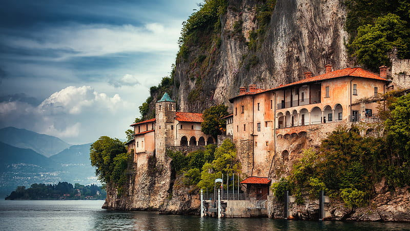 Italy Lake Maggiore Lombardy Monastery Rock Travel, HD wallpaper