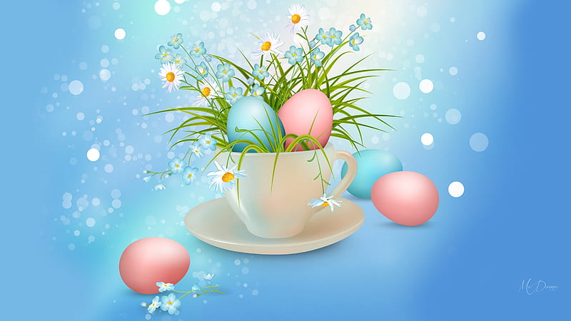 Cuppa Easter, tea cup, Easter, Easter eggs, flowers, spring, blue, floral, HD wallpaper