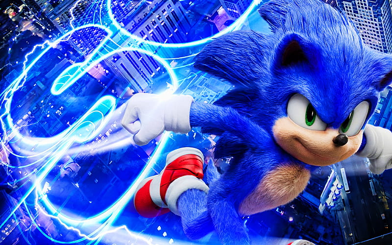 Sonic, lightings, Sonic The Hedgehog, 2020 movie, artwork, Blue Sonic, HD wallpaper