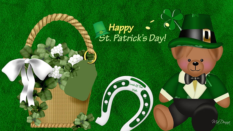 Saint Patricks Basket and Bear, irish, holiday, basket, horse shoe, shamrocks, teddy bear, saint patricks day, HD wallpaper
