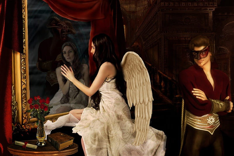 Angel and devil, red, reflection, devil, angel, HD wallpaper