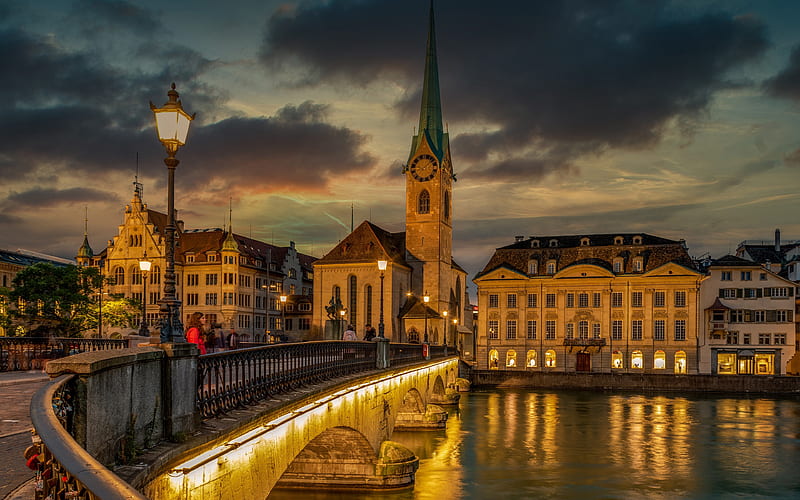 Limmat river bridge, nightscapes, swiss cities, Zurich, Switzerland, Europe, HD wallpaper