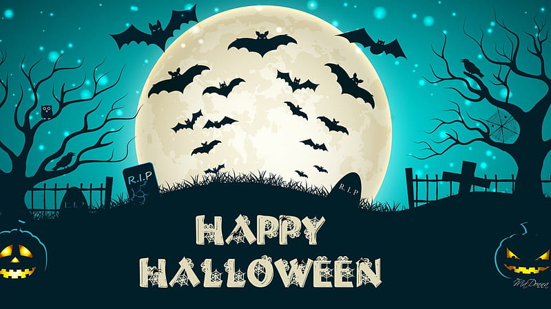 Happy Halloween Moon, All Hallows Eve, bats, cemetery, crows, birds, trees, sky, spider webs, owls, ravens, graves, full moon, Halloween, headstones, jack-o-lanterns, night, HD wallpaper