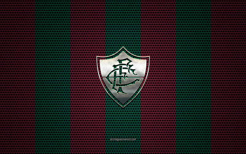 Fluminense FC logo, Brazilian football club, metal emblem, green-burgundy metal mesh background, Fluminense FC, Serie A, Rio de Janeiro, Brazil, football, HD wallpaper