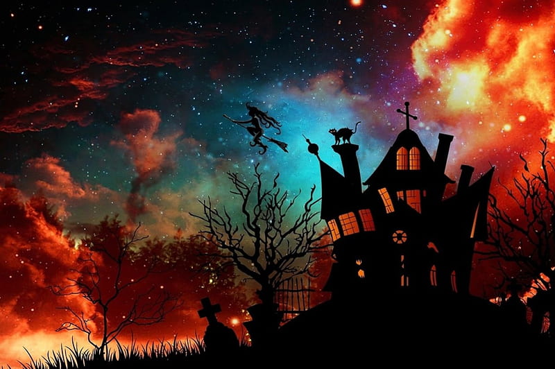Witch House, witch, house, halloween, cat, silhouette, HD wallpaper