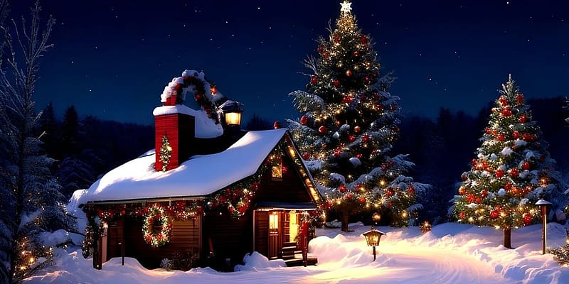 On Christmas night, havas, ho, unnep, evad, teli, diszitett karacsonyfak, disz, fahaz, fenyek, ejszaka, karacsony, dekoracio, lampa, HD wallpaper