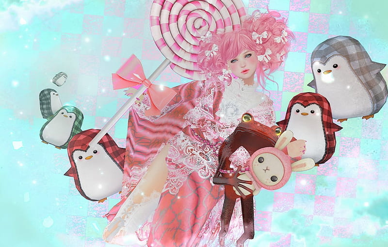 Fantasy girl, candy, lollipop, penguin, game, woman, fantasy, girl, rendering, pink, creature, blue, HD wallpaper