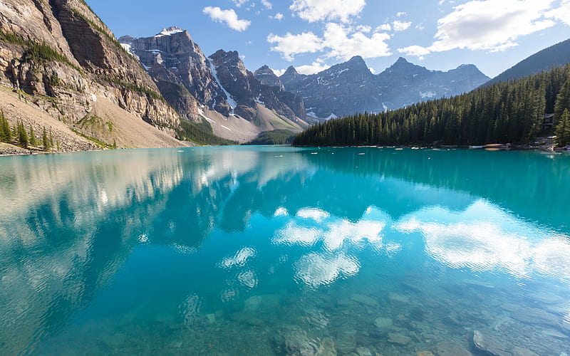 Moraine Lake, coast, Banff, mountains, North America, forest, Banff National Park, Canada, Alberta, HD wallpaper