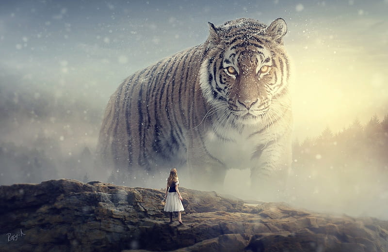 :), girl, giant, fantasy, rafy a, tiger, tigru, creative, HD wallpaper