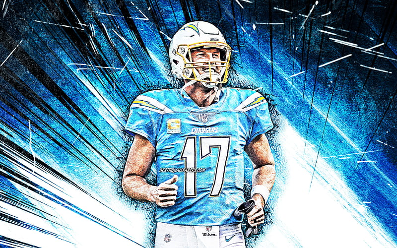 Philip Rivers, NFL, grunge art, Los Angeles Chargers, american football, quarterback, Philip Michael Rivers, LA Chargers, National Football League, blue abstract rays, Philip Rivers LA Chargers, HD wallpaper
