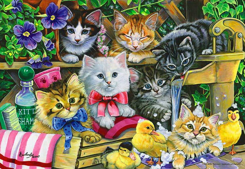 Bathtime kittens, game, bath, adorable, sweet, painting, flowers, mess, kitties, chickens, friends, playing, art, kittens, fun, joy, bathtime, cute, garden, funny, cats, HD wallpaper