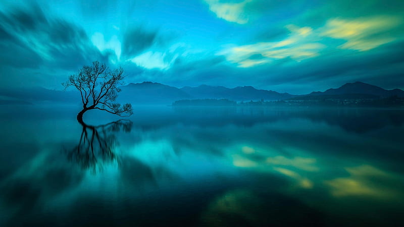 Blue dream, artistic, isle 1920x1080, gray, high definition, renderized, dreams, yellow, clouds, high quality mirror, blue, art, reflex, horizon, view, colors, black, sky, abstract, lake, tree, water, sland, mountains, surface, digital, sunshine, reflections, white, HD wallpaper