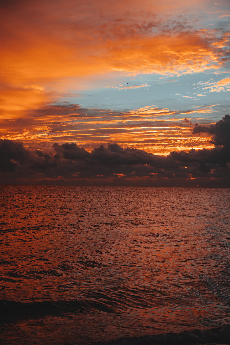 sea, horizon, clouds, sunset, sky, ripples, waves, HD phone wallpaper