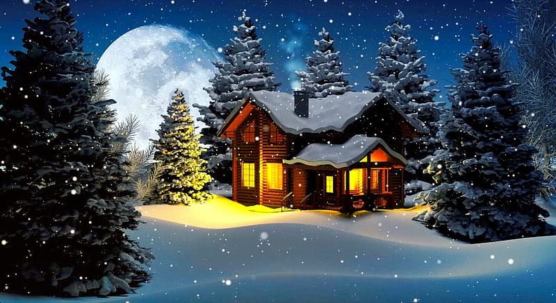 Winter house, house, cottage, dusk, cabin, bonito, lights, cold, evening, frost, night, stars, sky, trees, winter, snowflakes, snowfall, ice, moonlight, wooden, landscape, HD wallpaper