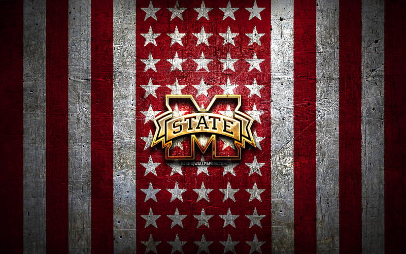 Mississippi State Bulldogs flag, NCAA, red white metal background, american football team, Mississippi State Bulldogs logo, USA, american football, golden logo, Mississippi State Bulldogs, HD wallpaper