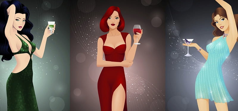 Absinthe, Wine and Martini, red, redhead, glitter, wine, cocktails, women, sparkle, brunette, alcohol, absinthe, green, drink, martini, blue, HD wallpaper