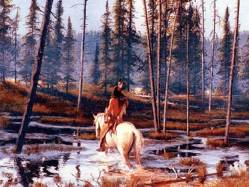 Native Ride, art, creek, american, trees, horse, HD wallpaper
