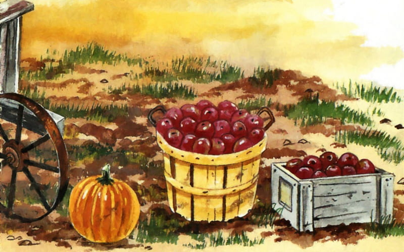 Apple Harvest Time 1, fall, art, autumn, harvest, apples, artwork, painting, wide screen, scenery, landscape, HD wallpaper