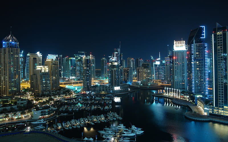 Dubai, architecture, buildings, bonito, sky, lights, skyscrapers, boats, nature, rivers, night, HD wallpaper