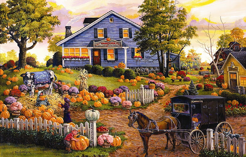 The cow and the pumpkin patch fall scene, halloween, art, pumpkin, painting, tom antonishak, horse, pictura, HD wallpaper