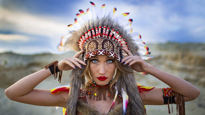 Women, Native American, Face, Feather, Girl, Lipstick, Model, Portrait, HD wallpaper
