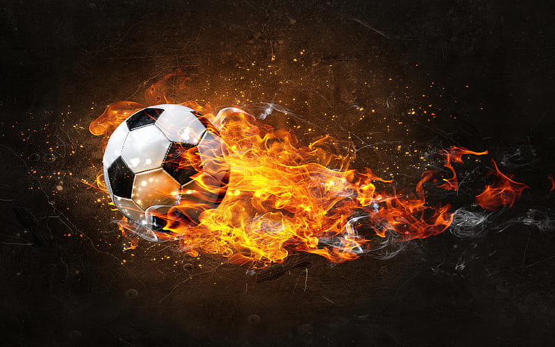 ball in fire flying ball, flame of fire, creative, football, soccer ball, fire with ball, HD wallpaper