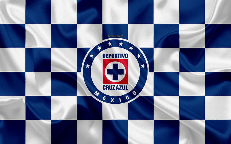 CD Cruz Azul logo, creative art, white blue checkered flag, Mexican Football club, Primera Division, Liga MX, emblem, silk texture, Mexico City, Mexico, football, Cruz Azul FC, HD wallpaper