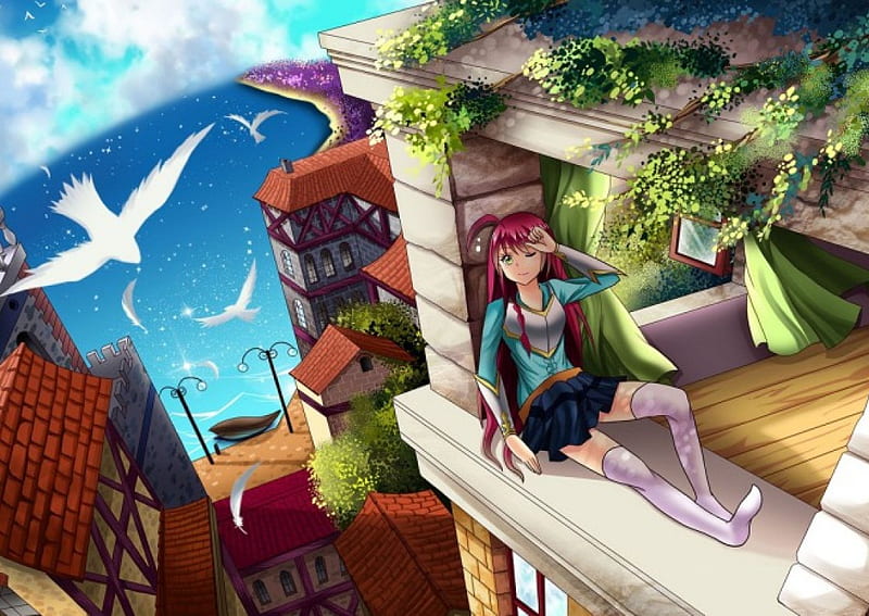 The View, pretty, house, scenic, home, bonito, sea, sweet, nice, city, anime, beauty, anime girl, scenery, top, female, roof, lovely, ocean, town, sky, building, girl, bird, scene, HD wallpaper